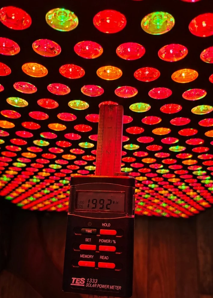 TES-1333 solar meter measuring NrG-PHOENIX irradiance at 3 inches and displaying 1992 watts per square meter