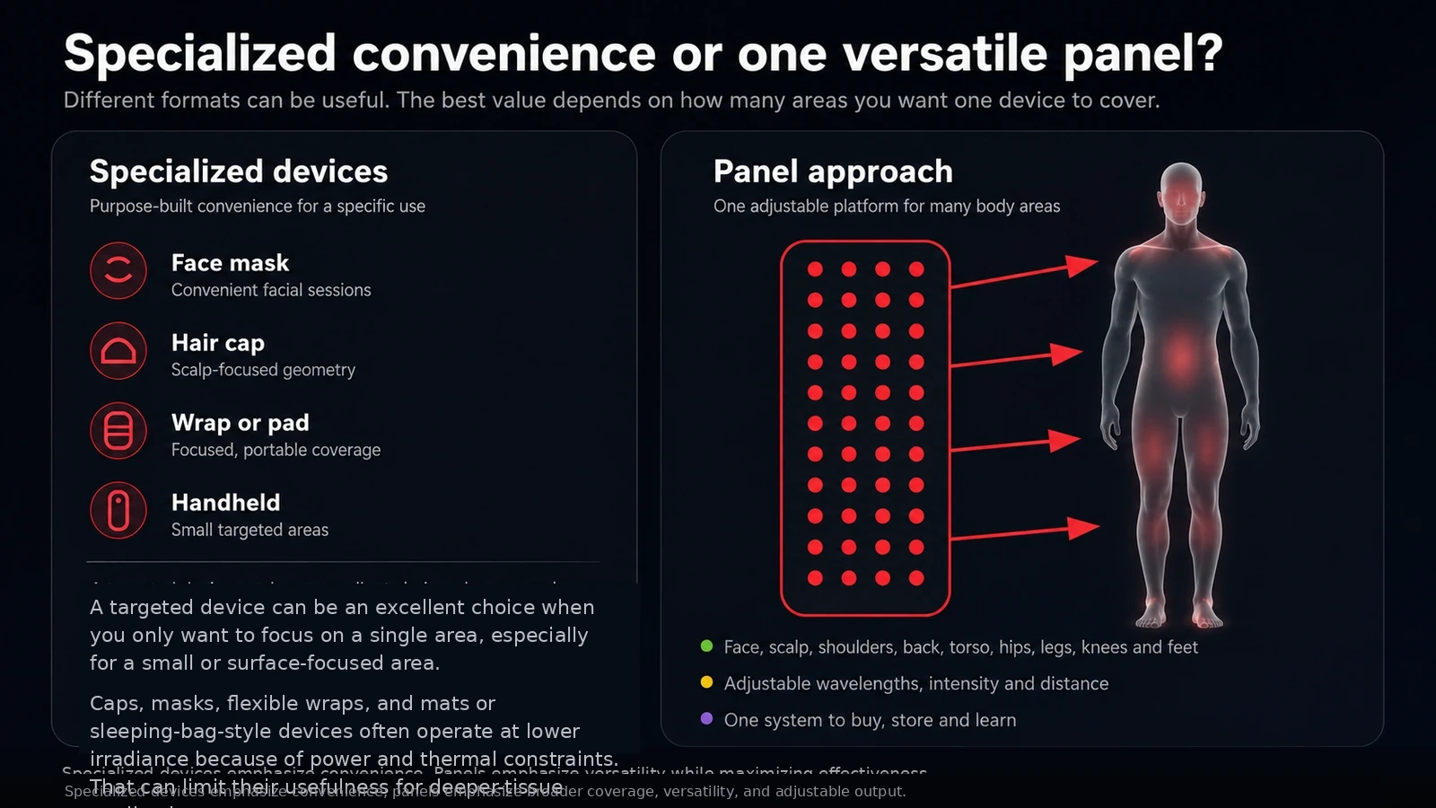Infographic comparing specialized wearable devices with the broad body-area coverage and adjustability of a panel.