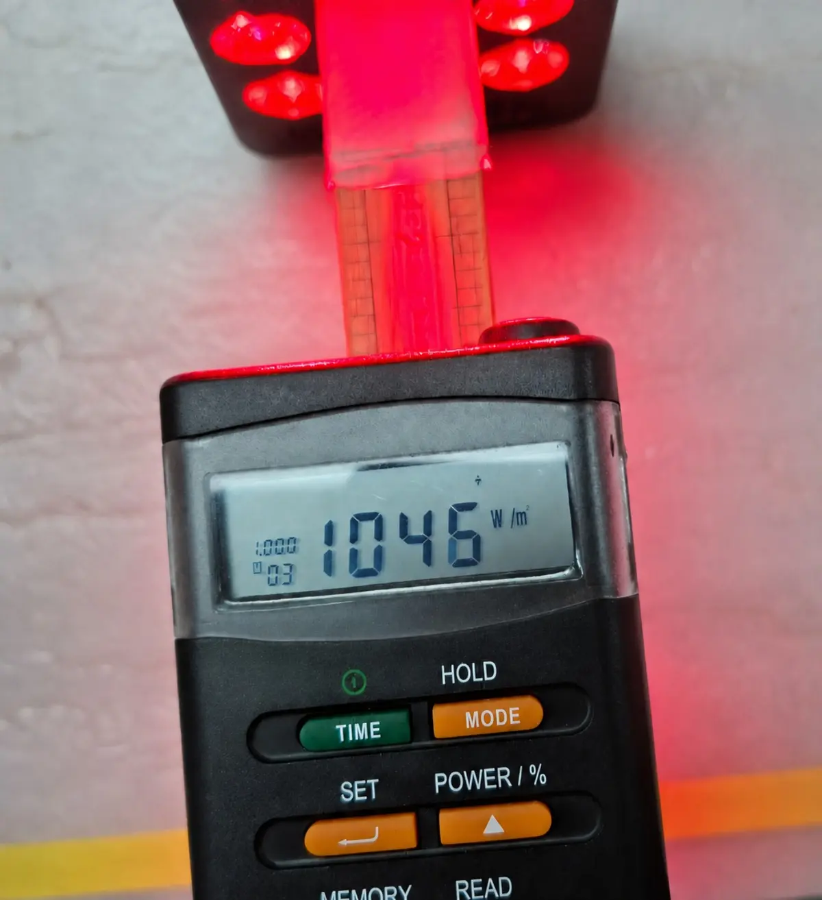 TES-1333 solar meter measuring NrG Spark irradiance at 3 inches and displaying 1046 watts per square meter